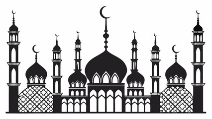 A black and white image of a mosque with minarets and domes Vector © Monira