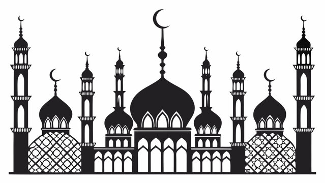 A black and white image of a mosque with minarets and domes Vector