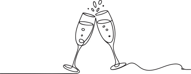 Continuous line champagne cheers one line art, continuous drawing contour. Toasting with wine glasses with drinks.one line victor illustration in white Background © Hossen