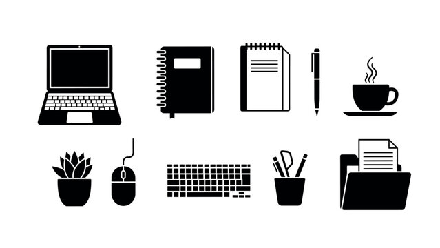 Minimalist office silhouettes: laptop notebook coffee and desk accesso