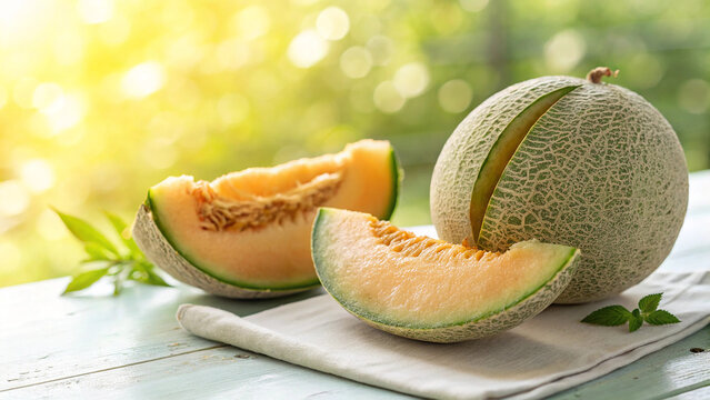 Fresh cantaloupe melon slices on a wooden table in the summer sunshine
