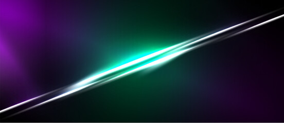Naklejka premium Abstract background features vibrant purple, green hues. Bright white line diagonally cuts space, creating dynamic visual effect.