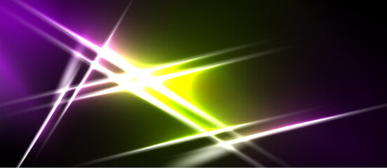 Obraz premium Abstract lines intersect, creating bright light effects. Vivid purple, green, yellow hues dominate dark background. Dynamic energy radiates.
