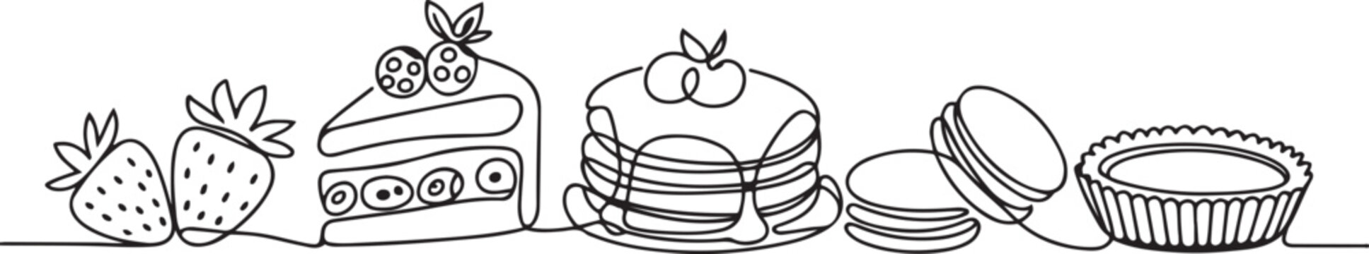 Continuous one line drawing of strawberries, blueberry cake slices pancake macaroon tart.one line victor illustration in white Background