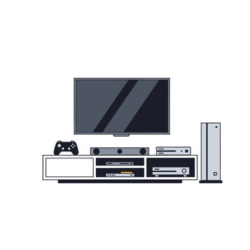Modern entertainment center with flat screen tv and video game consoles in a minimalist living room setup