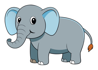 Fototapeta premium Cute cartoon elephant with gray body and blue ears standing on white background portrays playful and friendly expression