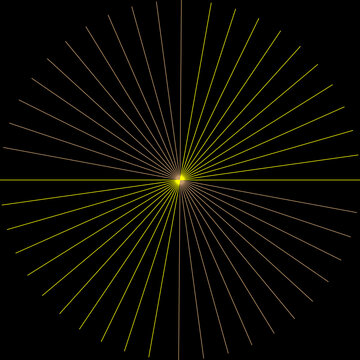 Abstract radial burst of yellow and brown lines emanating from a bright central point on black, A vibrant abstract design features numerous thin lines radiating outwards from a glowing yellow center