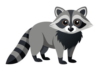 Obraz premium Cute cartoon raccoon with gray fur and striped tail standing on white background in adorable pose
