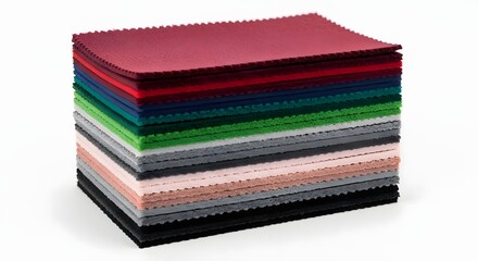 Stack of colorful rectangular textured fabric swatches displaying a wide range of textile samples for design