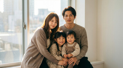 窓のある部屋で笑顔の家族