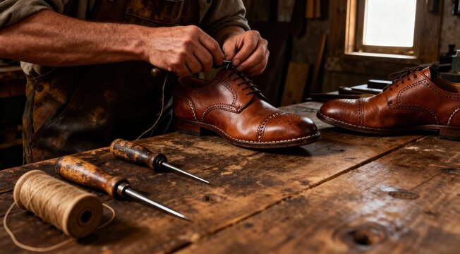 Close-up of a craftsman's hands meticulously lacing a pair of polished brown leather oxford shoes on a rustic wooden workbench, showcasing artisanal skill and traditional shoemaking., high resol siyam