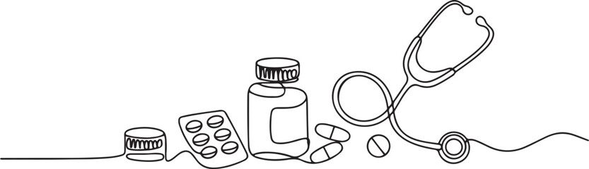 One continuous line drawing of medicine set with pills.one line victor illustration in white Background © Hossen