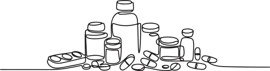 One continuous line drawing of medicine set with pills.one line victor illustration in white Background © Hossen