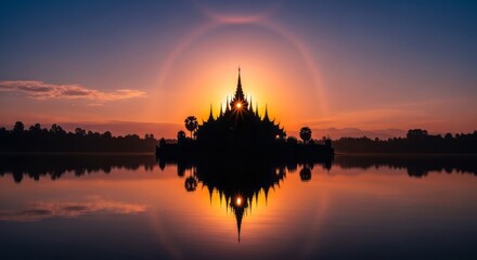 Obraz premium Silhouette of Temple at Sunset. Concept featuring temple, sunset, silhouette, reflection, water.