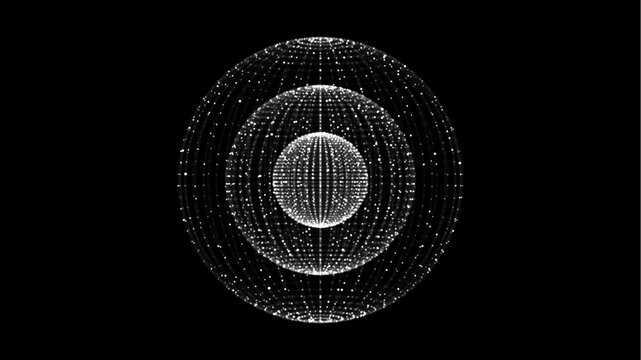 Abstract black sci-fi sphere with particles and lines. Technology network connection on world. Futuristic vector illustration. Global digital connections ai. 3D wireframe geometric sphere.
