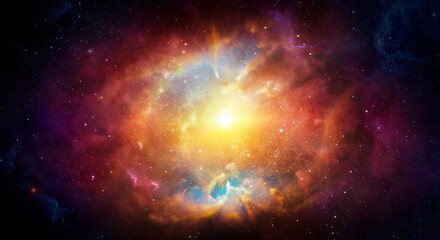 IBright cosmic nebula with a glowing stellar core surrounded by colorful interstellar clouds and distant stars. The collage deep space, galaxy. Elements of this image furnished by NASA.