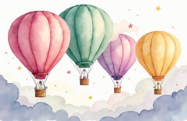 Obraz premium Pastel watercolor hot air balloons with children float in a starry sky with soft clouds. Whimsical illustration for kids rooms or party decor. Gentle sky adventure theme.