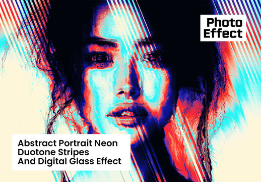 Abstract Portrait Neon Duotone Stripes and Digital Glass Effect