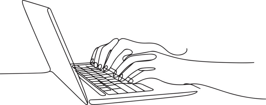 One line laptop with hands. People typing on notebook computer keyboard, internet communication and online working.one line victor illustration in white Background