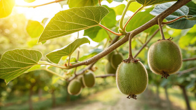 Closeup of fresh kiwi fruit growing on a tree branch in the orchard
