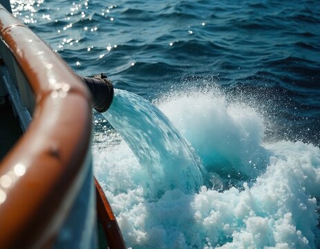 Ship unloads waste water into ocean via pipe. Blue liquid sprays and foams on sea surface. Maritime pollution issue near coast. Environmental problem observed at port.