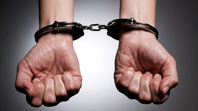 A video shows a pair of handcuffed hands in a clenched fist position on a gray background