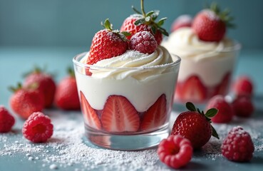 Sweet strawberry and cream dessert in glass. Fresh red berries layered with fluffy white cream and powdered sugar. Delicious fruit treat served in clear cup.