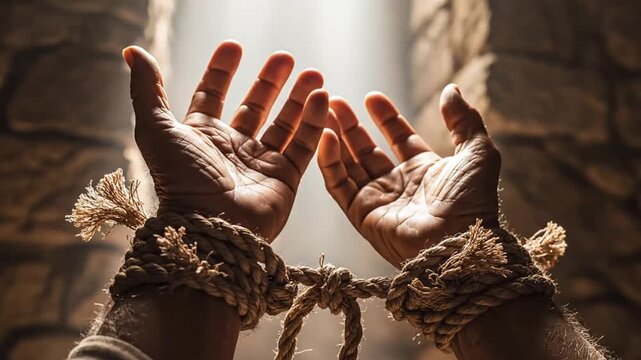 A video shows a pair of hands bound by rope in front of a stone wall background.
