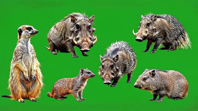 Animals Including Meerkats and Badgers in a Vector Illustration on Green Background
