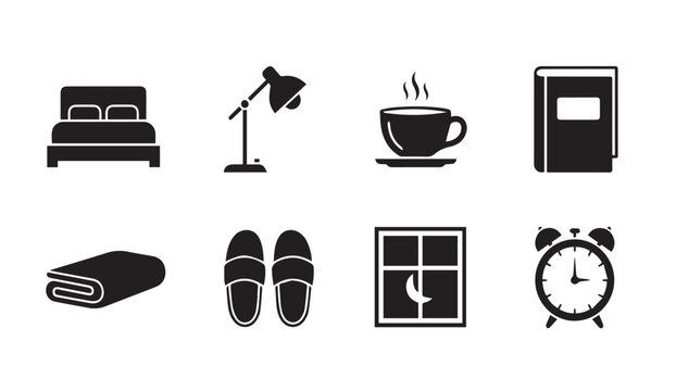 Simple black and white icons set for morning routine and bedroom essentials