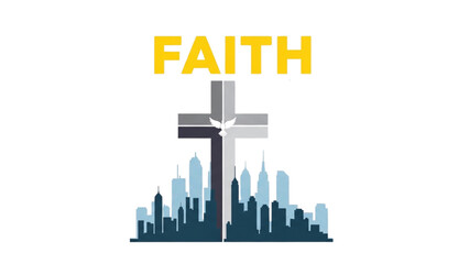 Fototapeta premium A cross stands tall amidst a cityscape illustration depicting faith and spirituality in urban environment from a straightforward viewpoint