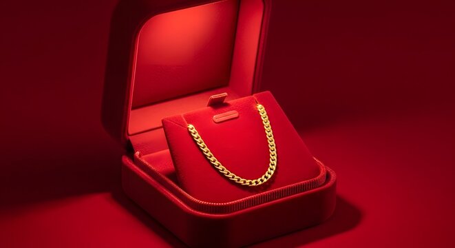 Elegant golden chain necklace in a vibrant red velvet gift box, ideal for luxury jewelry presentation