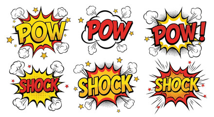 Comic Book Style "POW" and "SHOCK" Sound Effect Explosions with Stars and Smoke