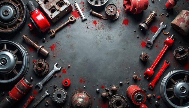 Flat lay of car parts and tools arranged on a dark workshop surface. Items include wrenches, gears, engine components, and wheels, with red paint splatters adding a touch of grunge.