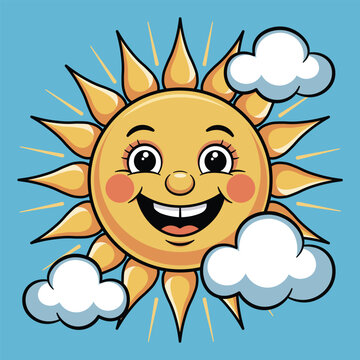 Happy Smiling Sun Mascot with Clouds &ndash; Cute Cartoon Weather Illustration