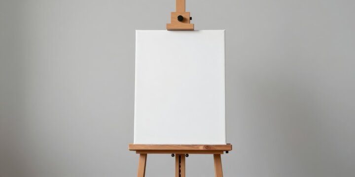 Blank Canvas on Wooden Easel, Ready for Painting or Creative Design, Against Neutral Gray Background
