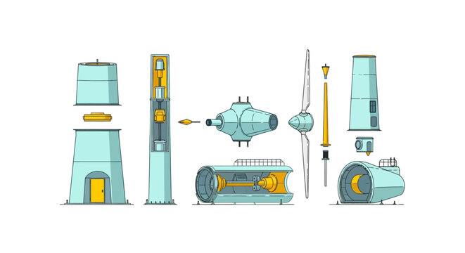 Wind Turbine Components Exploded View Diagram. Detailed Engineering Schematic of Renewable Energy Structure and Mechanism.
