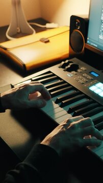 Music production. Man playing a MIDI keyboard. Home studio