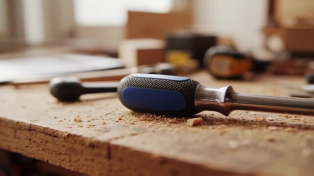 Handyman's Tool: Close-up of Screwdriver on Wood with other carpentry tools