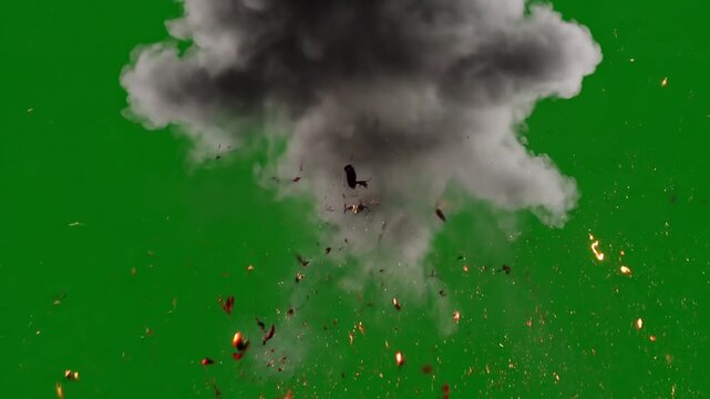 Explosion with Debris and Smoke in a Green Background