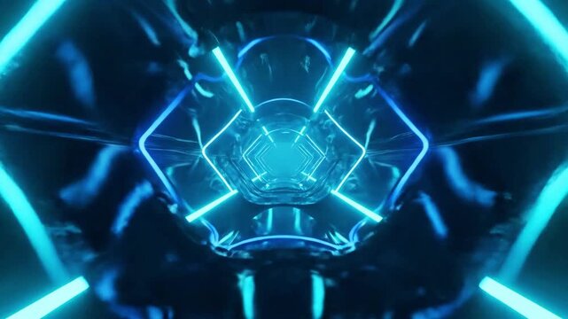 Futuristic neon tunnel with blue cyan glow, geometric symmetric portal and deep perspective, high tech digital motion background for AI, cybersecurity and fintech videos, seamless loop