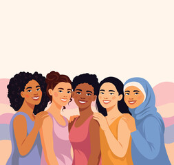Obraz premium Vector banner for Women's Day, March 8, and Equality Day. Women of different nationalities and cultures stand together, smiling, and hugging. Unity, empowerment, social media. Modern advertising style