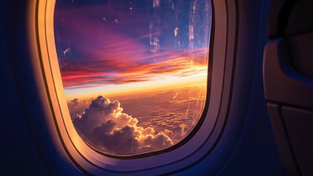 Breathtaking aerial view through a plane window showcasing vibrant sunset colors over a cloudscape, travel concept