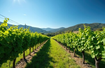 Rows of green grape vines stretch towards rolling hills under a clear blue sky. Lush foliage covers plants in a cultivated field. Sunlight shines on the vineyard landscape.