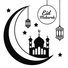 Fototapeta premium Eid mubarak greeting with mosque and crescent moon Vector