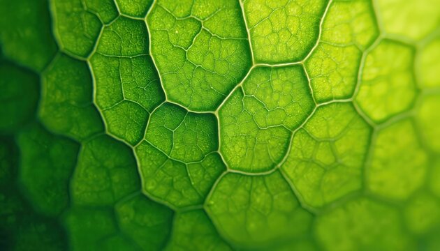 Microscopic view of green plant cells. Shows cellular structure and botanical detail. Organic natural pattern of leaf veins and plant tissue visible.