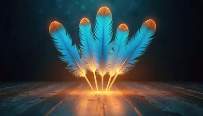Papier peint photo Chambre de fille Five bright blue feathers with golden glow at tips stand on wood table. Dark background with soft light makes ethereal feel. Elegant design element, nature inspired, fantasy aesthetic.  © Pete