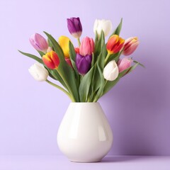 Obraz premium Vibrant tulip bouquet in white vase on pastel purple background