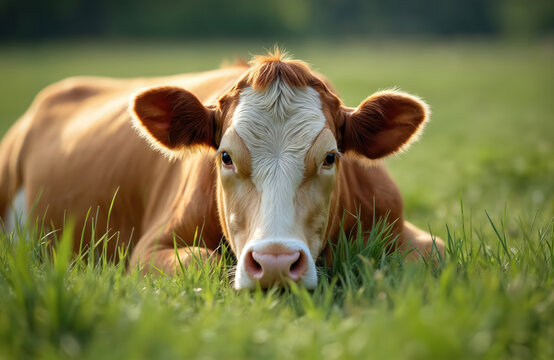 Brown and white cow rests peacefully in rich green grass. Farm animal lies in meadow during sunny day. Rural landscape scene shows calm bovine.