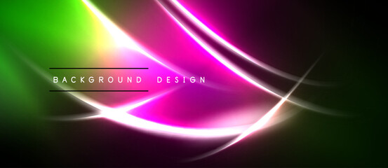 Obraz premium Abstract vibrant design. Green, pink, purple gradients create flowing lines, modern aesthetic. Dark background enhances luminosity.